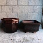 2 bruine vorstbestendige terras potten, Tuin en Terras, Bloempotten, Ophalen, Vierkant