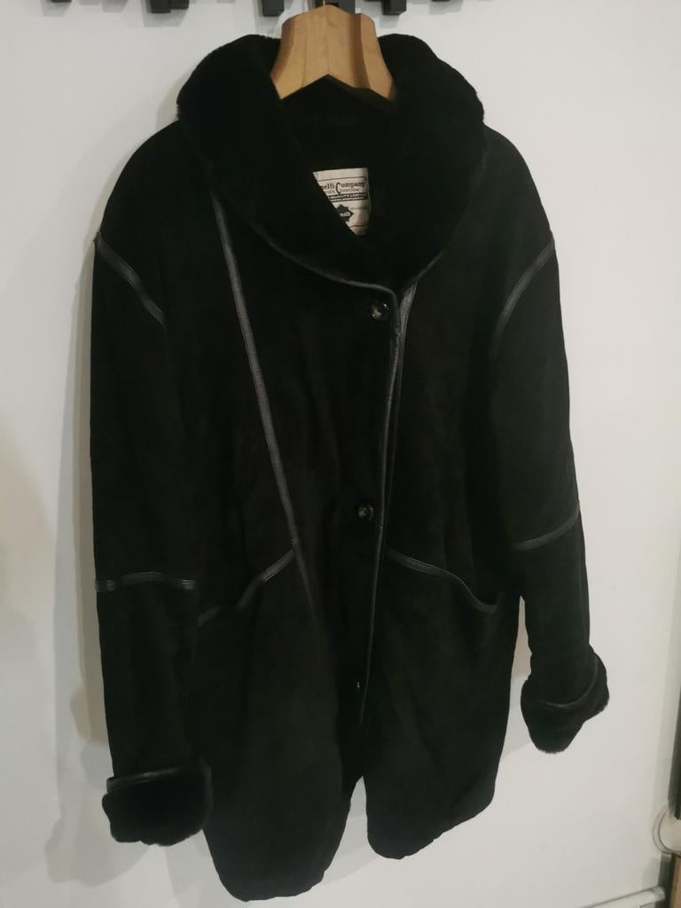 Manteau shearling cuir noir Cianelli vintage grande taille 6, Enlèvement ou Envoi, Noir