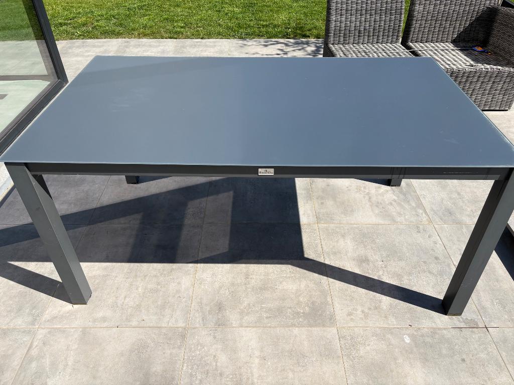 Tuintafel met glazen tablet, Ophalen, Gebruikt, Rechthoekig, Aluminium