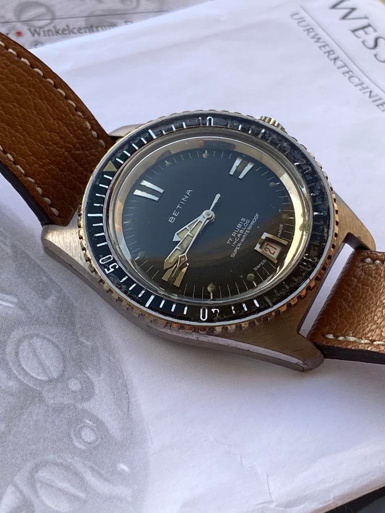 RARE Betina Diver Vintage ‘60s ( Zeldzaam )-Hoogwaardig-, Handtassen en Accessoires, Horloges | Heren, Staal, Polshorloge, Ophalen of Verzenden