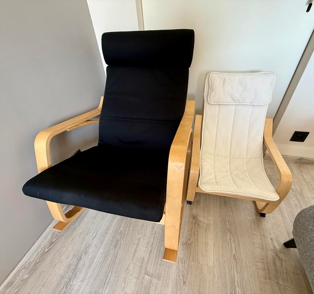 Joli ensemble IKEA POÄNG : chaise relax + bébé (noir/blanc), Maison & Meubles, Chaises, Enlèvement, Comme neuf, Blanc