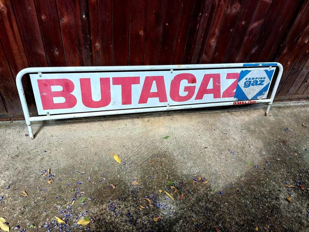 Groot stoer reclamebord BUTAGAZ camping gaz., Ophalen, Gebruikt, Reclamebord