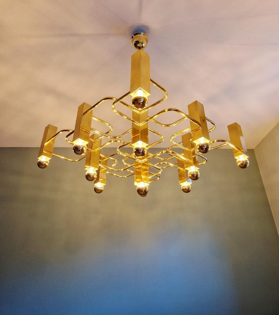 Grote geometrische koperen kroonluchter, G. Sciolari,1970-80, Ophalen