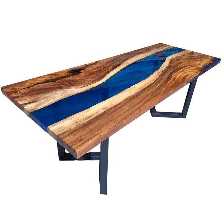 Moderne Epoxy Tafel - 200x80cm – Hout & Resin, Maison & Meubles, Bureaux, Neuf, Moderne, Bois, Bleu, Enlèvement