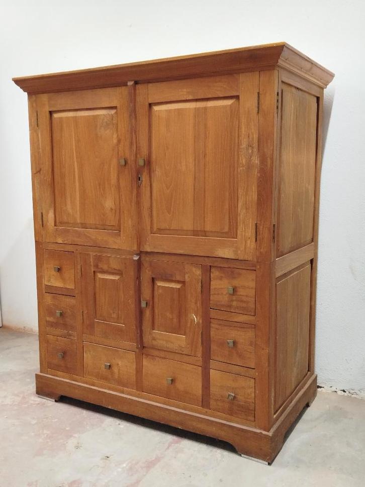 Robuuste klassiek moderne massief teakhouten opbergkast, Huis en Inrichting, Kasten |Televisiemeubels, Zo goed als nieuw, 100 tot 150 cm