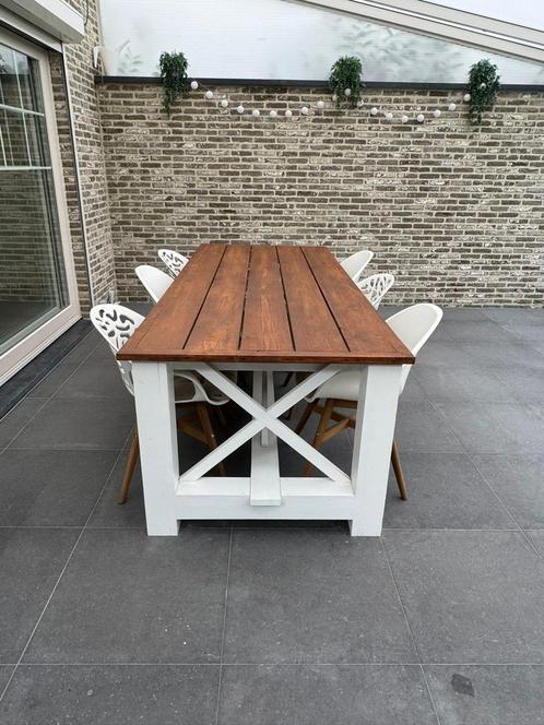 Steigerhouten eettafel + 6 stoelen – 2,5m x 1m – set, Tuin en Terras, Tuinsets en Loungesets, Zo goed als nieuw, Steigerhout, Eettafel