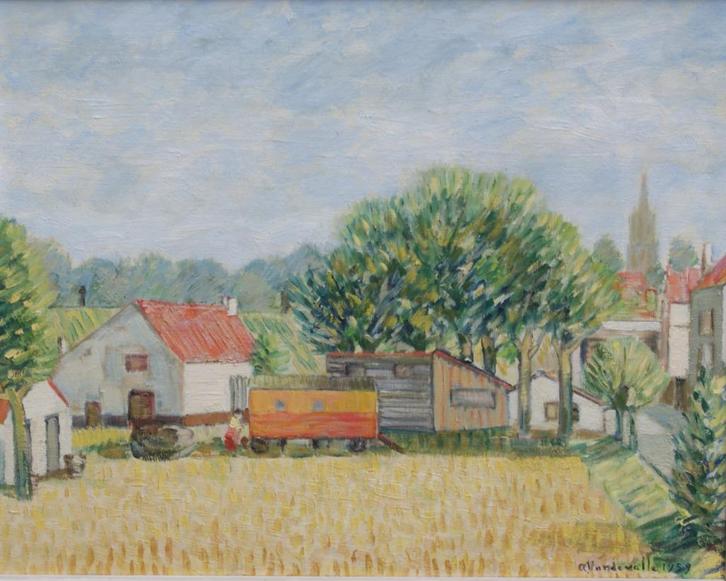 Adriaan Vandewalle (1907-1997): Landschap met forenzenwagen, Antiek en Kunst, Kunst | Schilderijen | Klassiek, Ophalen of Verzenden