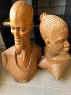 HOUTEN SNIJWERK AFRIKAANSE BUSTE MAN EN VROUW, Antiek en Kunst, Ophalen