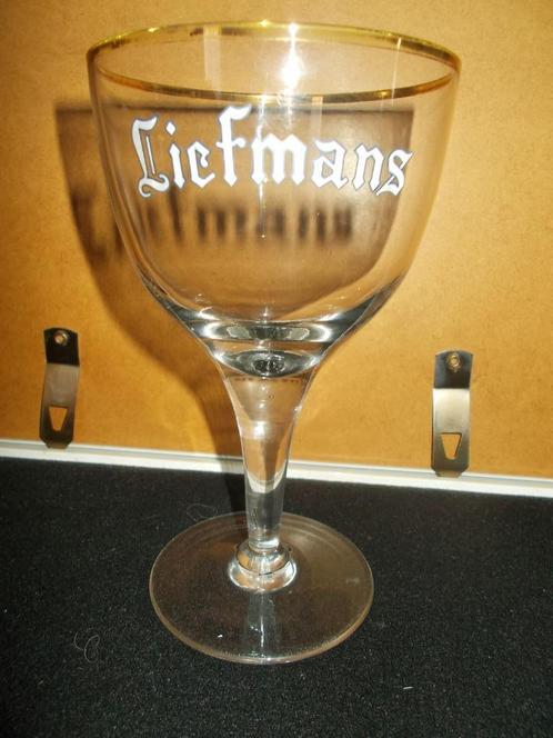 Liefmans - oud bierglas - hoge voet- wit met blauw - 5, Verzamelen, Biermerken, Gebruikt, Glas of Glazen, Duvel, Ophalen of Verzenden