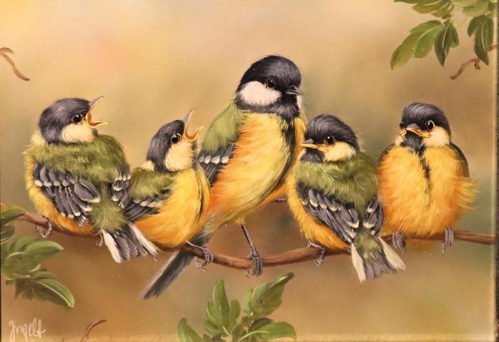Mooi olieverfpaneel met vogels, Antiek en Kunst, Kunst | Schilderijen | Klassiek, Ophalen of Verzenden