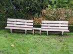 twee degelijke houten tuinbanken met tafeltje, Tuin en Terras, Tuinbanken, Ophalen, Zo goed als nieuw, Hout