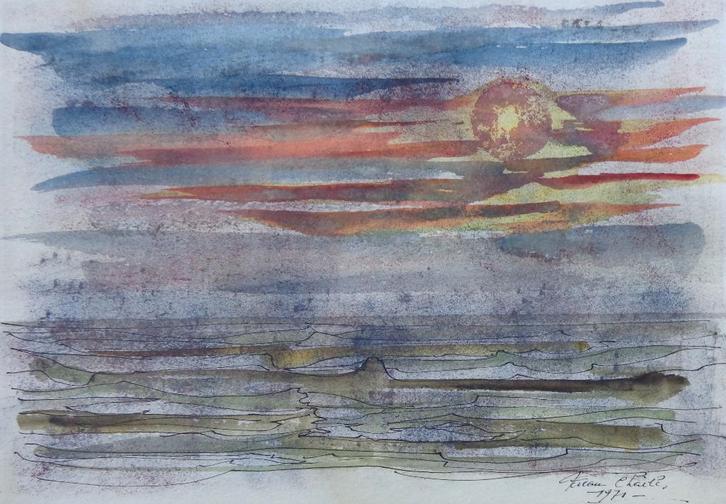 CHARLES FEREAU / BRUME MAUVE SUR LA MER / ORIGINEEL 26x35cm, Antiquités & Art, Art | Dessins & Photographie, Enlèvement ou Envoi