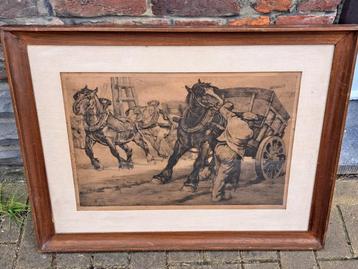 gravure chevaux signe Constant DE BUSSCHERE, Antiquités & Art, Enlèvement ou Envoi