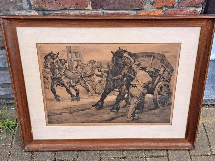 gravure chevaux signe Constant DE BUSSCHERE, Antiek en Kunst, Kunst | Etsen en Gravures, Ophalen of Verzenden