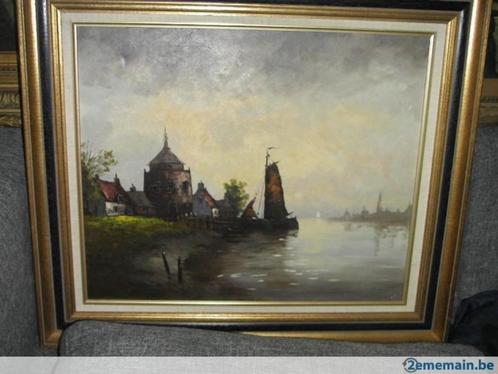 Oil ST Signed Burgy - Navy - Afgemeerde boot., Antiek en Kunst, Kunst | Schilderijen | Klassiek, Ophalen