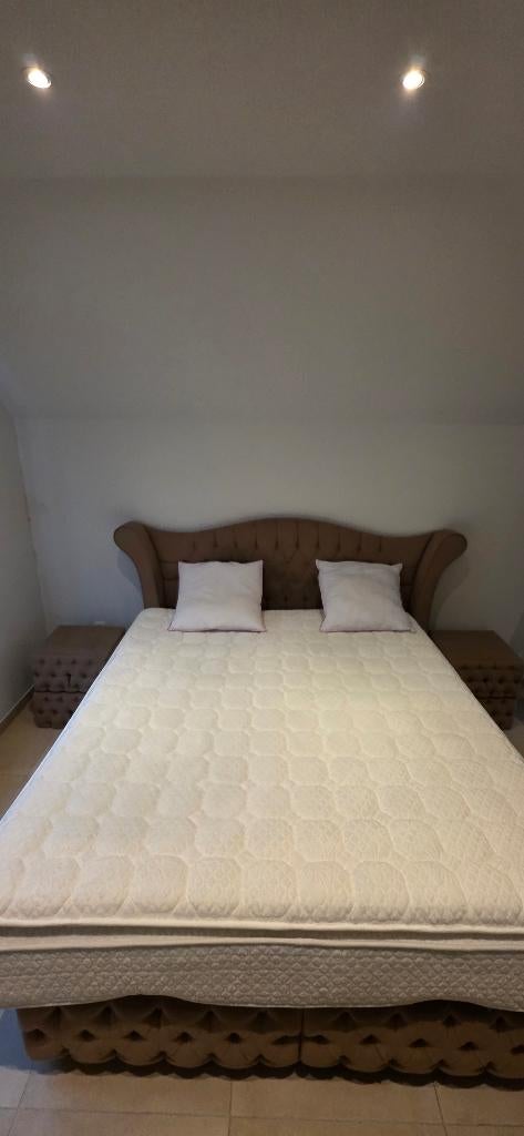 Bed, Maison & Meubles, Chambre à coucher | Lits, Utilisé, Deux personnes, 160 cm, 200 cm, Tissu, Beige, Enlèvement