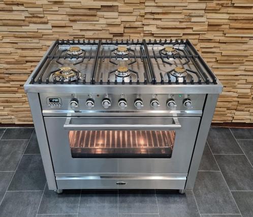 🔥Luxe Fornuis Boretti 90 cm rvs + rvs 6 pits 1 grote oven, Elektronische apparatuur, Fornuizen, Zo goed als nieuw, Vrijstaand