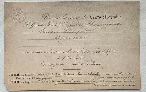 Leopold 2+1874+uitnodigingskaart+droogstempel, Verzamelen, Koningshuis en Royalty, Zo goed als nieuw, Kaart, Foto of Prent, Ophalen of Verzenden