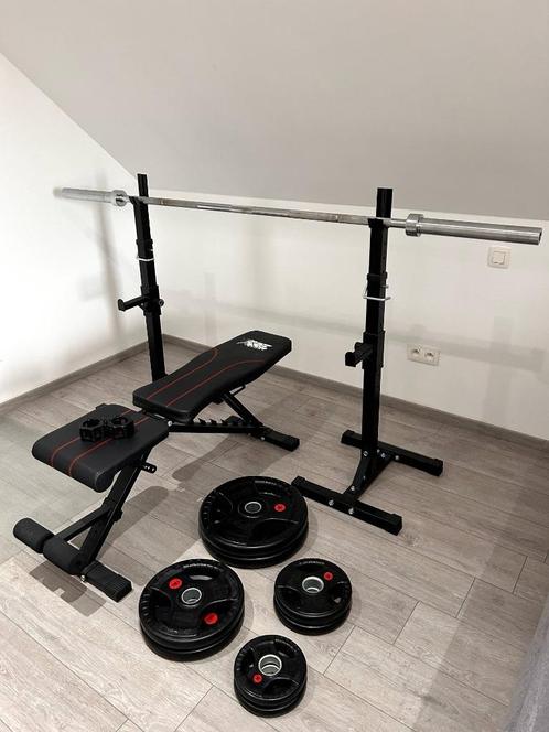 Complete home gym set – halterbank, stang, schijven (75kg), Sport en Fitness, Fitnessapparatuur, Zo goed als nieuw, Krachtstation