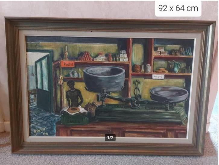 vintage schilderij ``Vlaamse kruidenier 30er Jaren``, Verzamelen, Retro, Huis en Inrichting, Ophalen of Verzenden