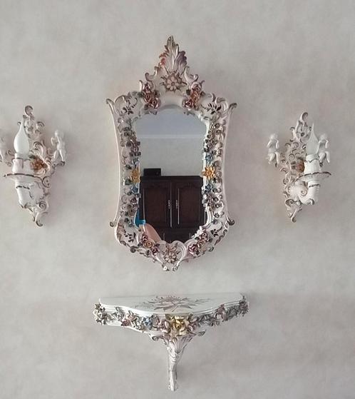 Unieke rococo stijl spiegel, wandtafeltje en 2 wandlampjes, Antiek en Kunst, Antiek | Spiegels, Ophalen
