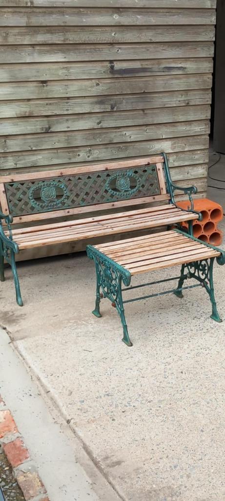 Tuinbank met antiek gietijzer en afzelia (rozen), Tuin en Terras, Tuinbanken, Gebruikt, Hout, Ophalen