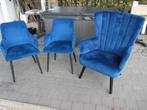 Design zetel + 2 stoelen in petroleum blauw velvet, Ophalen, Zo goed als nieuw, Blauw, Design