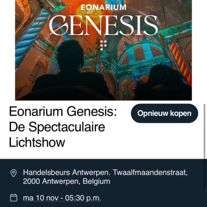 Eonarium Genesis Lichtshow Antwerpen 2 tickets 10/11 - 17u30, Tickets en Kaartjes, Theater | Overige, Twee personen, November