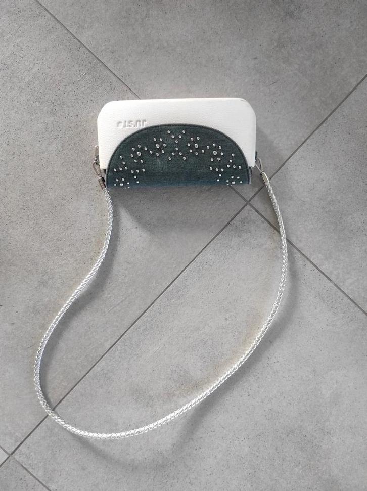 Justo tas wit met jeans en zilver, Handtassen en Accessoires, Tassen | Damestassen, Zo goed als nieuw, Handtas, Wit, Ophalen of Verzenden