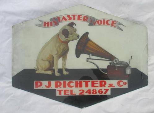 zeldzame brandgeschilderde glazen reclame His Master's voice, Verzamelen, Merken en Reclamevoorwerpen, Ophalen