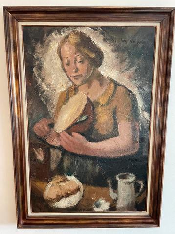 Schilderij Theodoor Verschaeren ("Moeder snijdt brood", 1934 beschikbaar voor biedingen