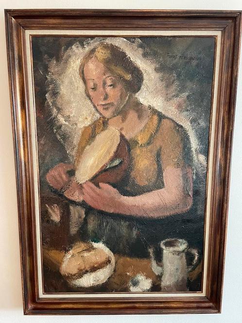 Tableau Theodoor Verschaeren ("Mère coupe le pain", 1934, Antiquités & Art, Art | Peinture | Moderne, Enlèvement