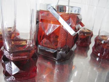 Bijzondere set vintage Kristal 12 Longdrink + ijsemmer beschikbaar voor biedingen