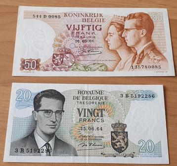 20 en 50 Fr biljet België , 1964 en '66, perfecte staat beschikbaar voor biedingen