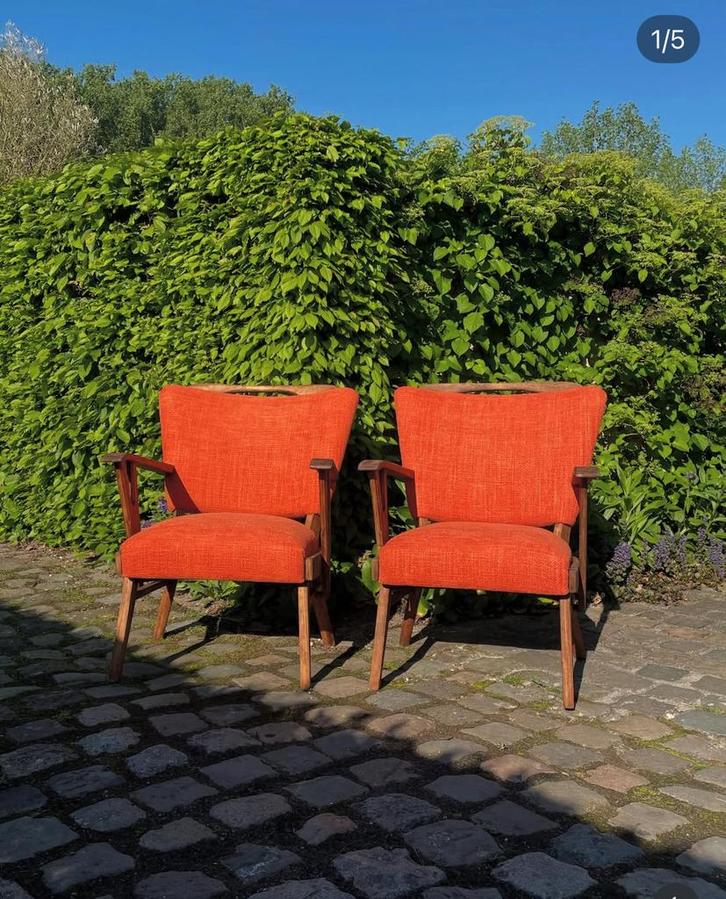 Set van 2 vintage armstoelen (geherstoffeed), Tuin en Terras, Tuinstoelen, Zo goed als nieuw, Ophalen