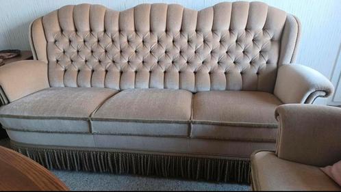 Zetel salon mohair velours beige franjes vintage als nieuw!, Antiek en Kunst, Antiek | Meubels | Stoelen en Sofa's, Ophalen