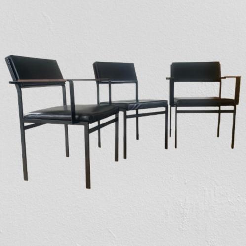 Set van 3 FM17 stoelen van Cees Braakman voor Pastoe, Huis en Inrichting, Stoelen, Gebruikt, Drie, Hout, Leer, Metaal, Zwart, Ophalen