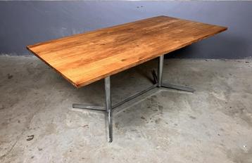 Massief teak eettafel bureau industrieel vintage chroom beschikbaar voor biedingen