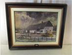 Mooi Geschilderd Werk 'Hoeve en Hooimijten' - L Tim's, Antiek en Kunst, Kunst | Schilderijen | Klassiek, Ophalen of Verzenden