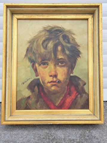 huile sur toile enfant a la cigarette signe biandema beschikbaar voor biedingen