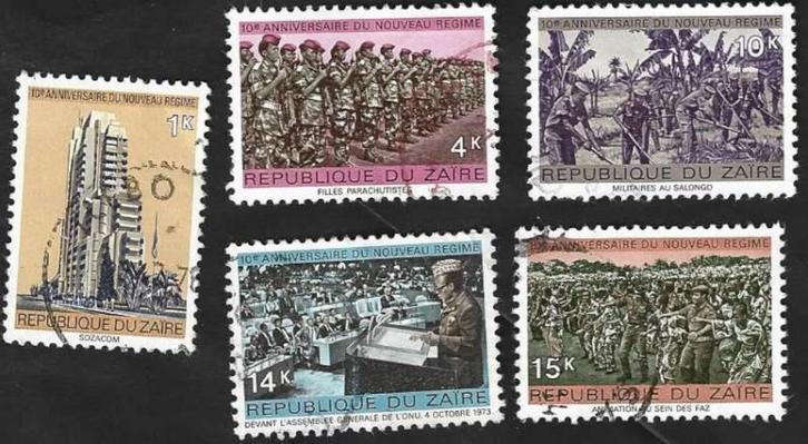 5 Postzegels - Zaïre 1975 -10 jaar "Nieuwe Regime, Postzegels en Munten, Postzegels | Afrika, Gestempeld, Overige landen, Ophalen of Verzenden