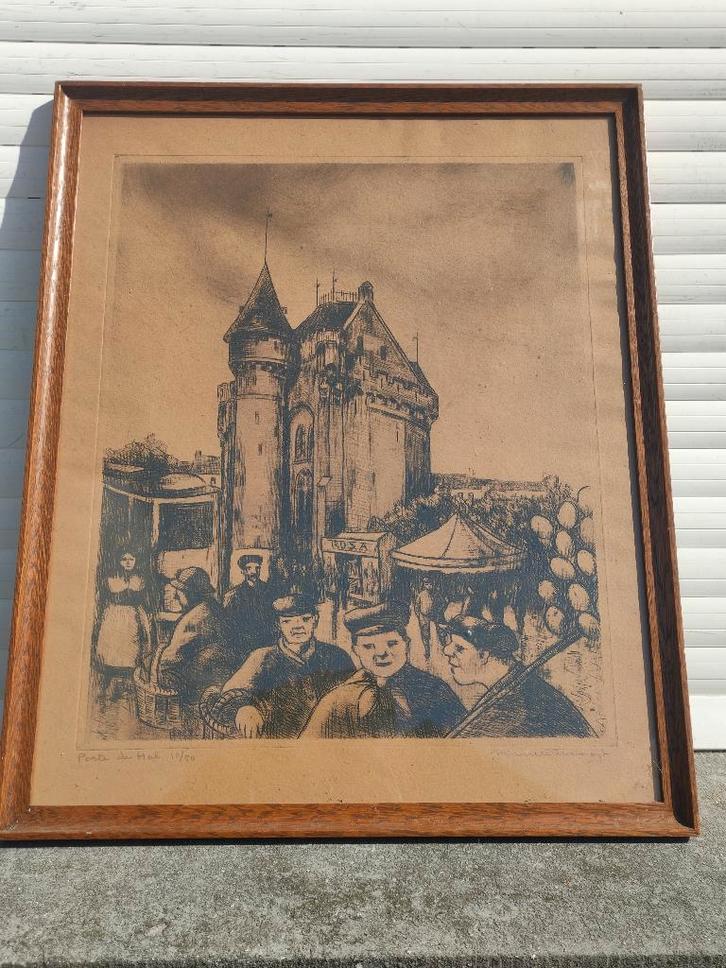 eau forte porte de hal signe maurice flament, Antiek en Kunst, Kunst | Etsen en Gravures, Ophalen of Verzenden