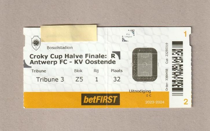 ticket halve finale Croky Cup Antwerp - Oostende, 29/02/2024, Verzamelen, Sportartikelen en Voetbal, Gebruikt, Overige typen, Ophalen of Verzenden