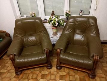 Salon fauteuil sofa cuir vert kaki 