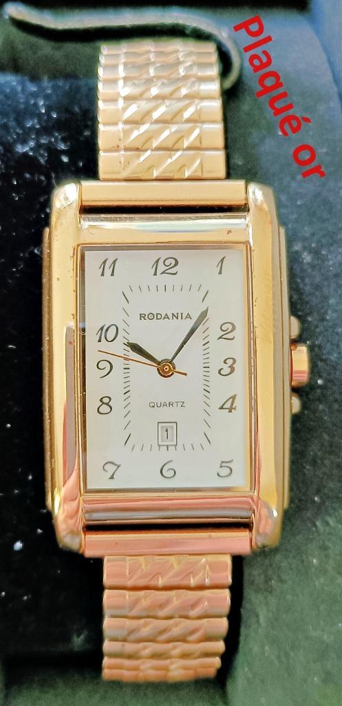 Montre homme RODANIA quartz plaqué or rectang., brac. ext., Verzamelen, Overige Verzamelen, Zo goed als nieuw, Ophalen of Verzenden