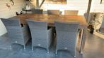 Teakhouten tafel met 6 wickerstoelen en 6 kussens., Ophalen, Gebruikt, Hout