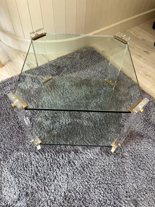 Vierkante glazen tafel met 2 niveaus, einde van de bank, Huis en Inrichting, Tafels | Salontafels, Zo goed als nieuw, Glas, Ophalen