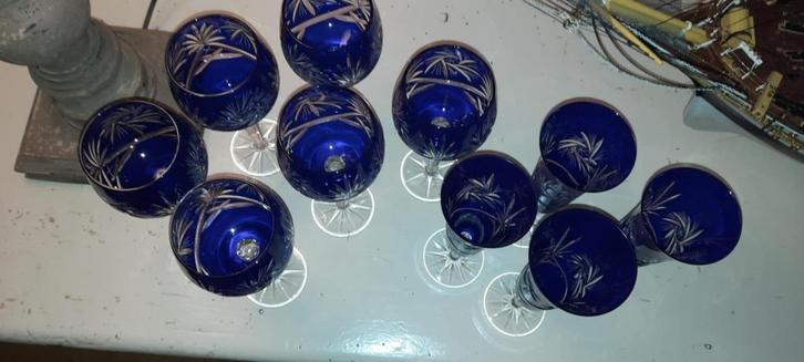 6 wijnglazen + 4. kobaltblauwe kristallen champagnefluit, Antiek en Kunst, Antiek | Glaswerk en Kristal, Ophalen of Verzenden