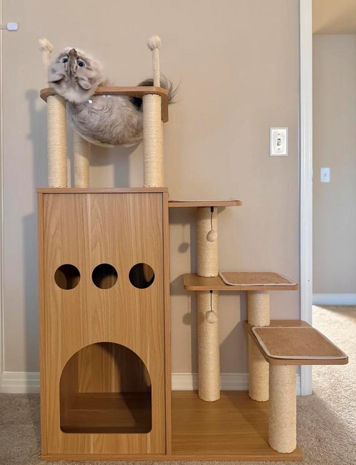 Luxe krabpaal met capsule & huisje – 130cm houtlook, Dieren en Toebehoren, Krabmeubelen, Zo goed als nieuw, Krabpaal, Ophalen of Verzenden