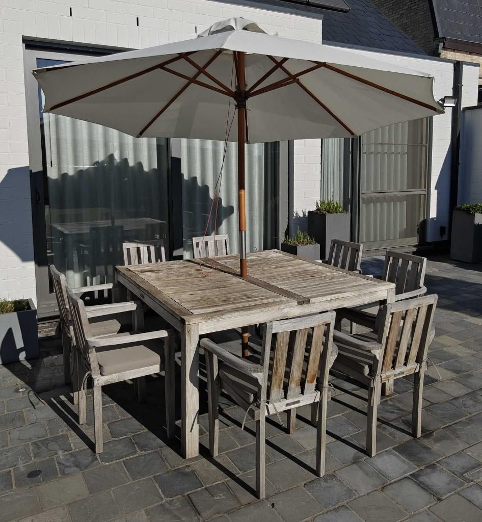 Ensemble de jardin en teck coussins de siège et parasol incl, Chaise, Salons de jardin, 8 places, Utilisé